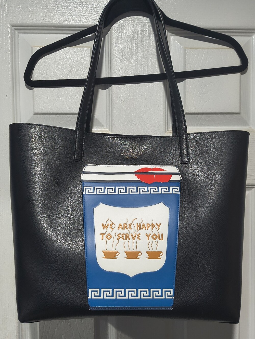 Kate Spade Coffee Break Tote We Are Happy To Serve You NYC Cup Black Leather Bag - Picture 4 of 16
